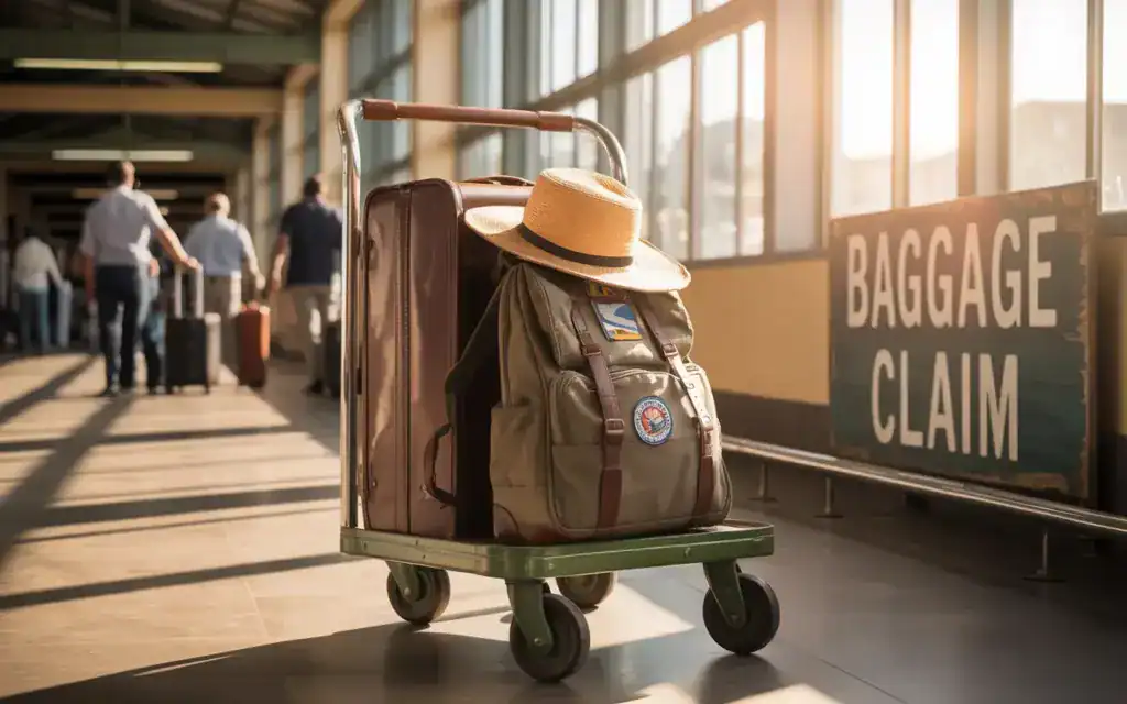 Gepäckwagen am Flughafen mit 2 Taschen und einem Strohhut drauf. Im Hintergrund laufen Männer mit ihren Carry ons zum Ausgang. Neben an der Wand ein Schild mit der Aufschrift "Baggage Claim" 