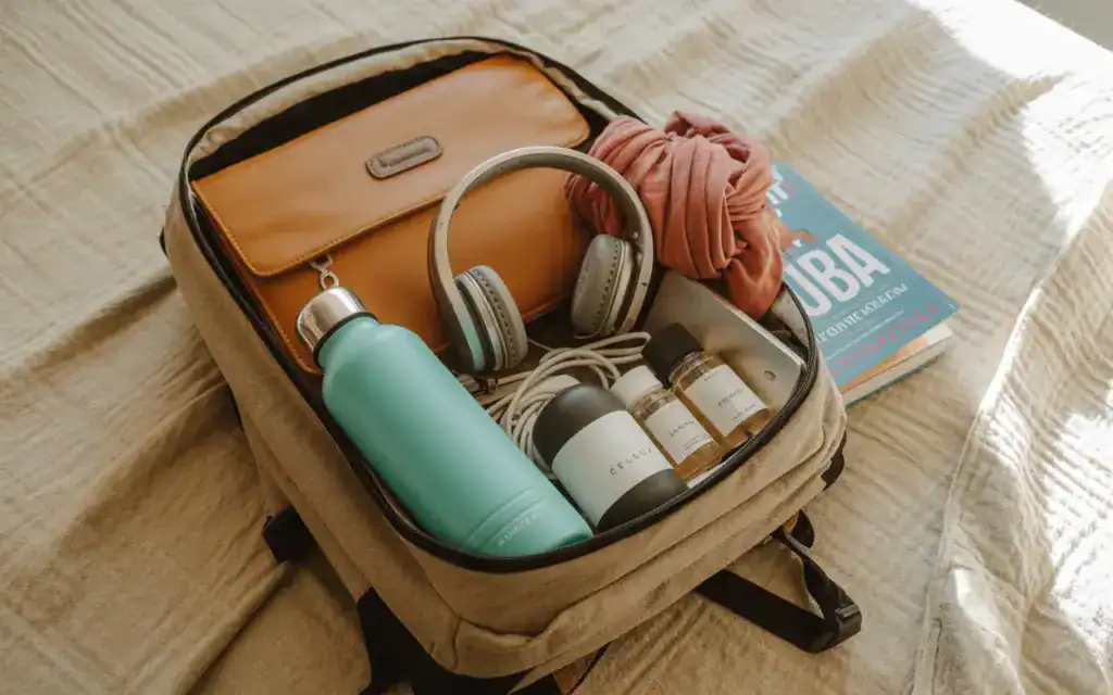Aufgeschlagener Handgepäcksrucksack auf dem Bett - mit einer Trinkflasche, Kosmetikfläschchen, Kopfhörer, einem Schal und einer Dokumentenmappe. Daneben liegt ein Kuba Reiseführer. 