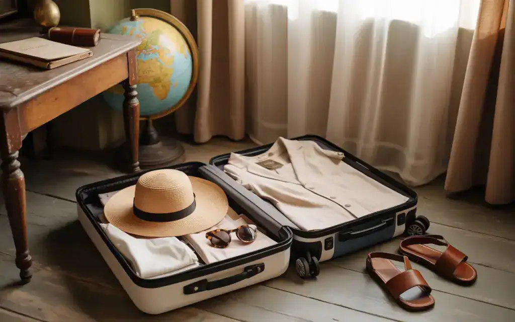 Ein aufgeklappter Koffer gefüllt mir Leinenkleidung, einem Strohhut und einer Sonnenbrille liegt auf dem Boden, davor stehen Sandalen. Packliste Kuba