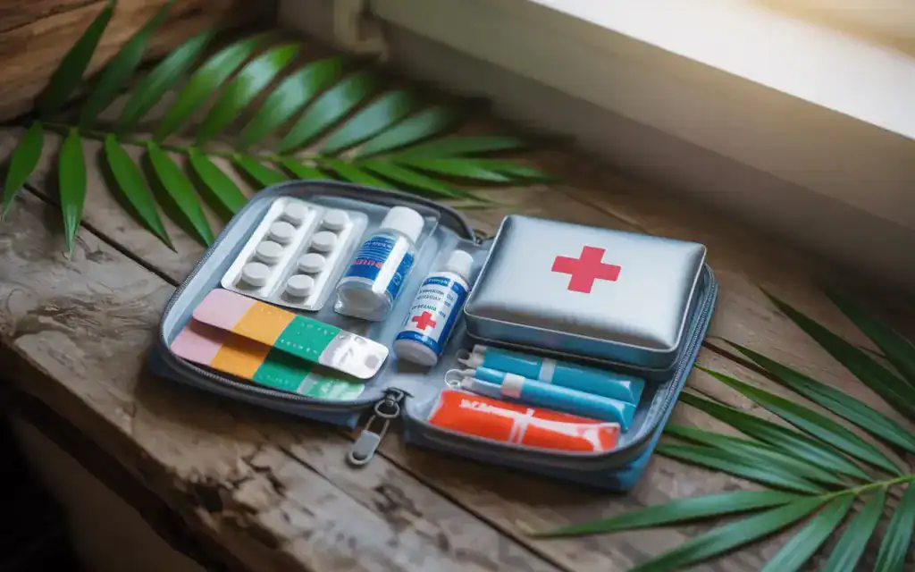 Aufgeschlagenes Etui mit einer Reiseapotheke auf einem Holztisch, daneben liegen Palmblätter für das Karibik Feeling. 