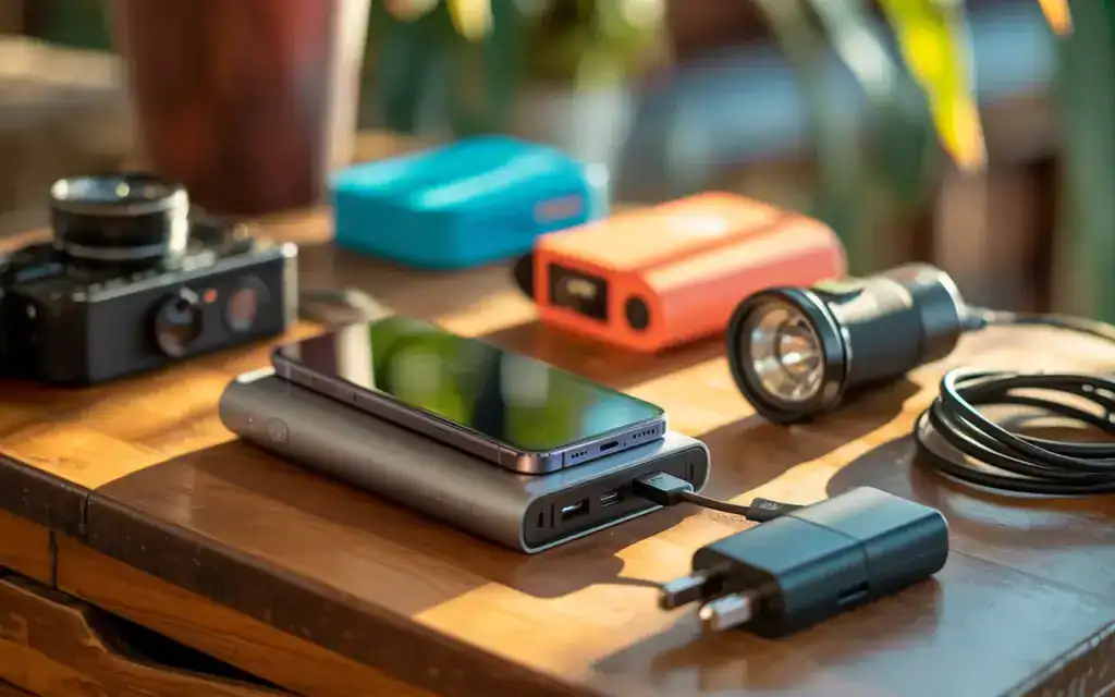 Auf einem Tisch liegt das Technik-Zubehör, wie eine Powerbank, ein Adapter, Smartphone etc. ausgebreitet, welches man für den Kuba Urlaub braucht.