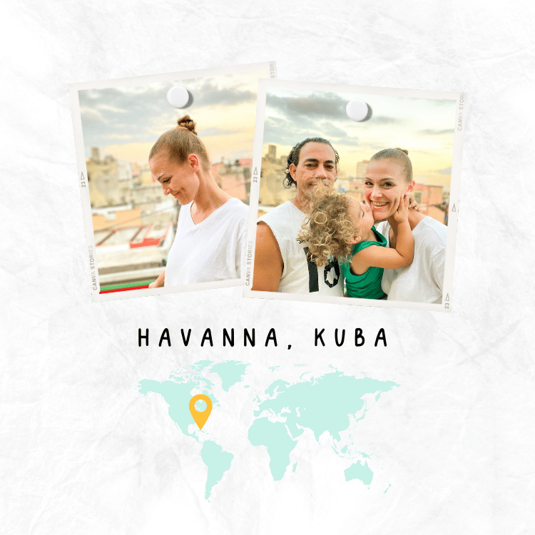 Über mich/uns - Havanna Life - Julie - Weltkarte mit Markierung auf Kuba - Fotos Julie auf Balkon in Havanna, Kuba