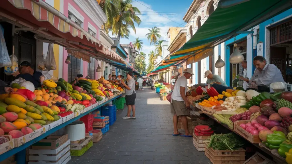 Lebendiger Markt in Havanna mit bunten Obst- und Gemüseständen, Straßenverkäufern und typisch kubanischem Flair unter Palmen.