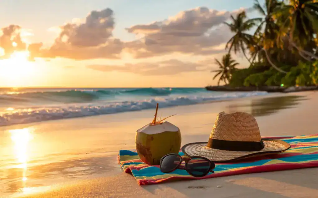 Eine Kokosnuss, ein Strohhut und eine Sonnenbrille liegen auf einem bunten Handtuch im Sand, während die Sonne golden über dem Meer untergeht.